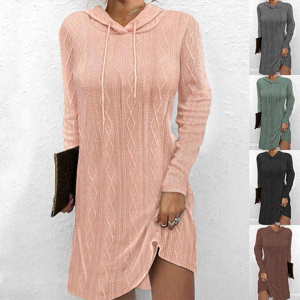 Robe Pull Tricotée à Capuche à Manches Longues Pour Femme
