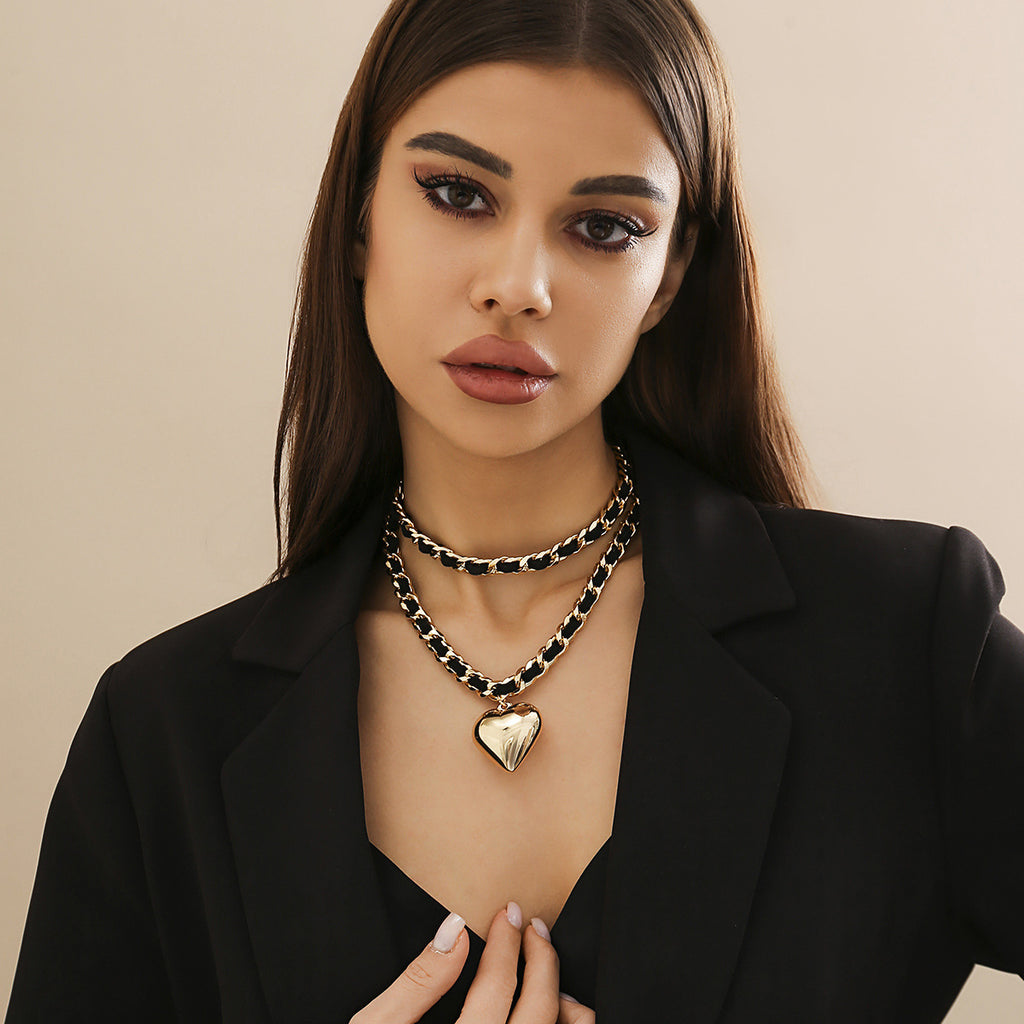 Grand Collier Double Couches Coeur pour Femme Style Punk Urbain Bijoux Tendance