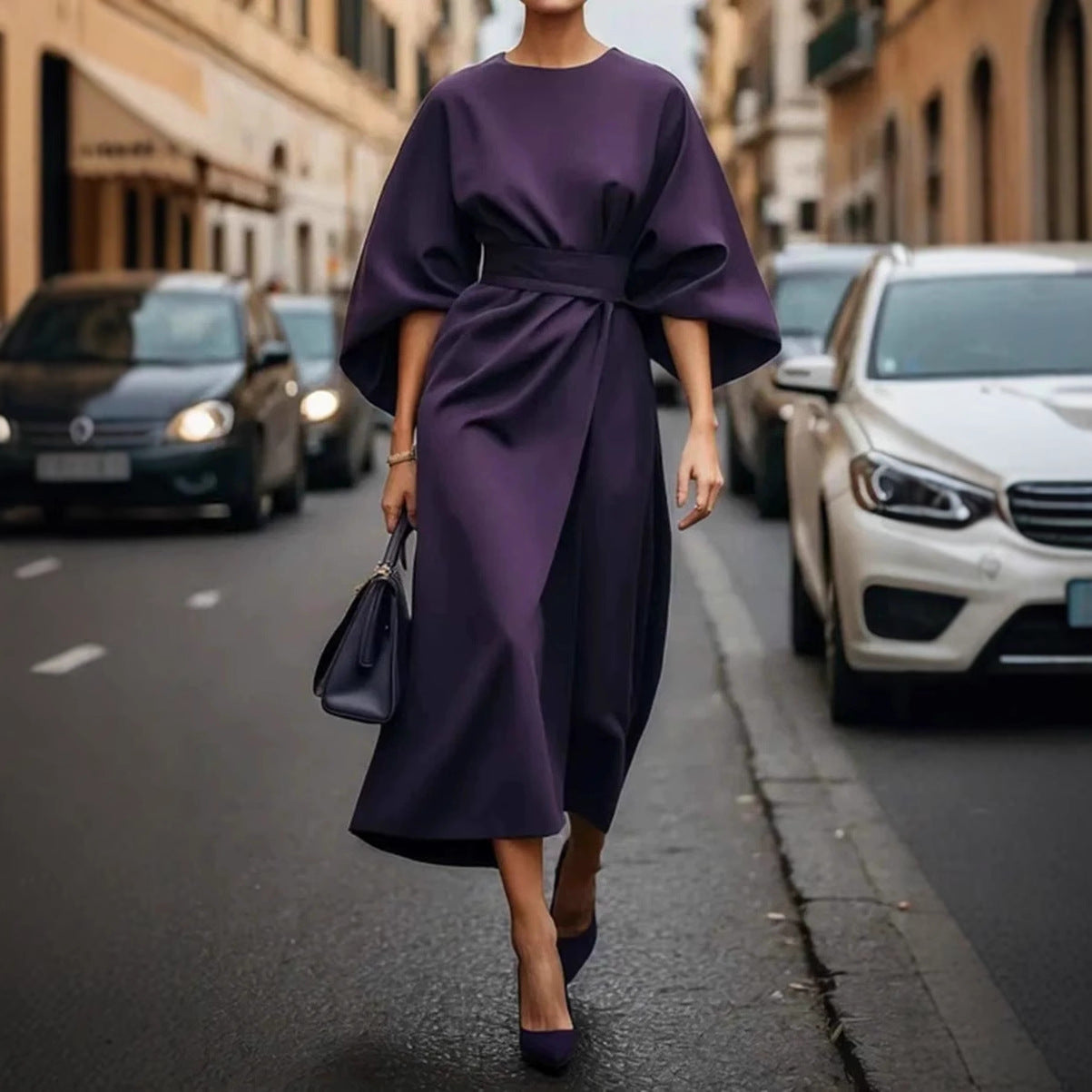 Robe Ample à Manches Chauve-souris, Taille Cintrée, Couleur Unie, Robes Élégantes pour Femme