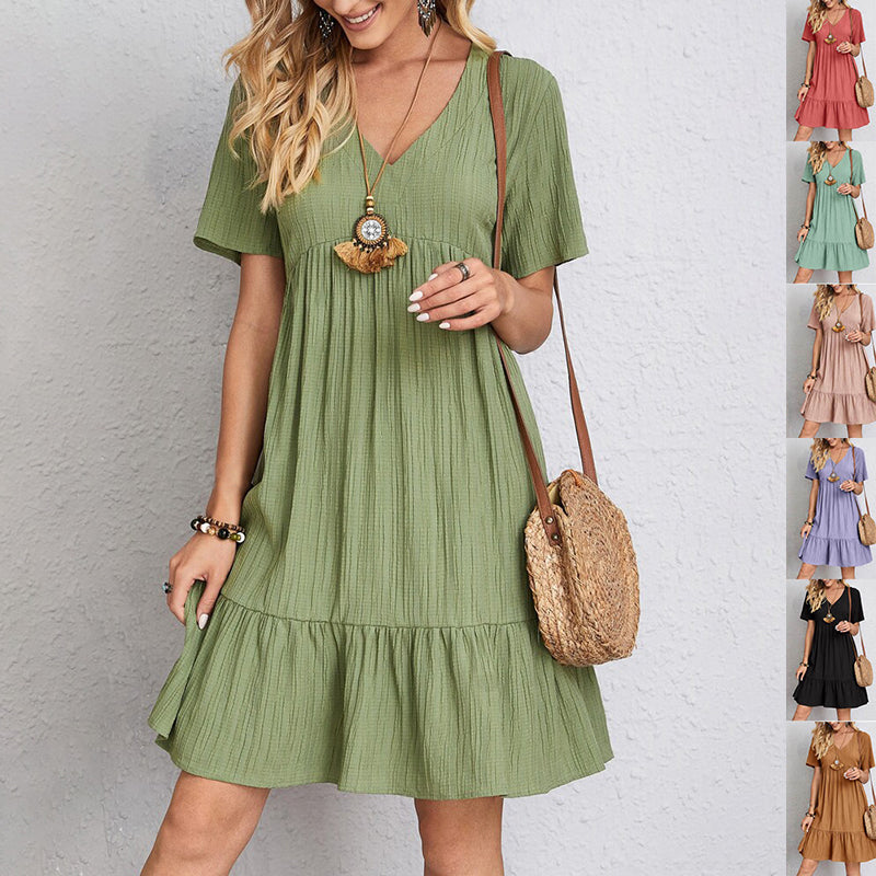 Robe d'été décontractée ample à volants à col en V et manches courtes pour femme, idéale pour la plage
