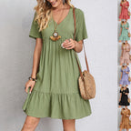 Robe d'été décontractée ample à volants à col en V et manches courtes pour femme, idéale pour la plage