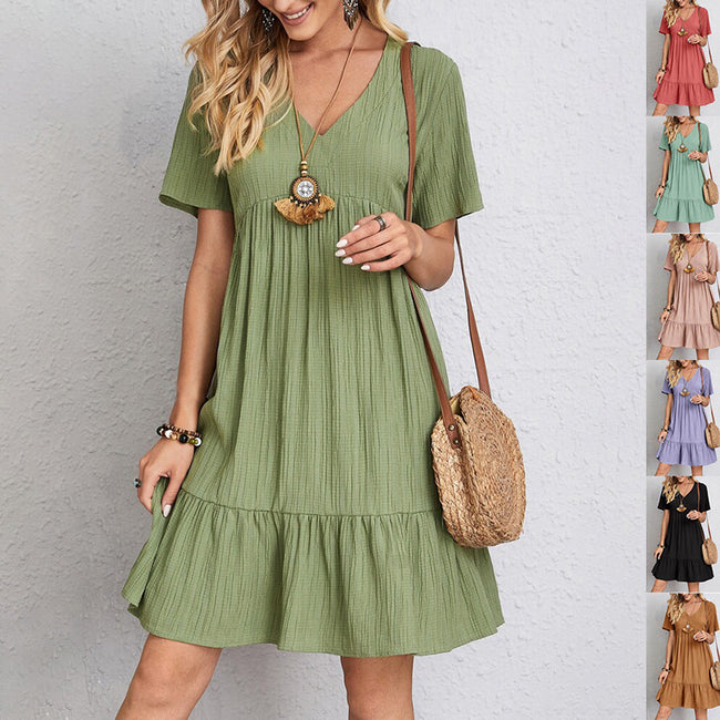 Robe d'été décontractée ample à volants à col en V et manches courtes pour femme, idéale pour la plage Hover Image