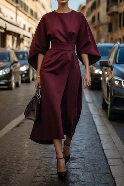 Robe Ample à Manches Chauve-souris, Taille Cintrée, Couleur Unie, Robes Élégantes pour Femme