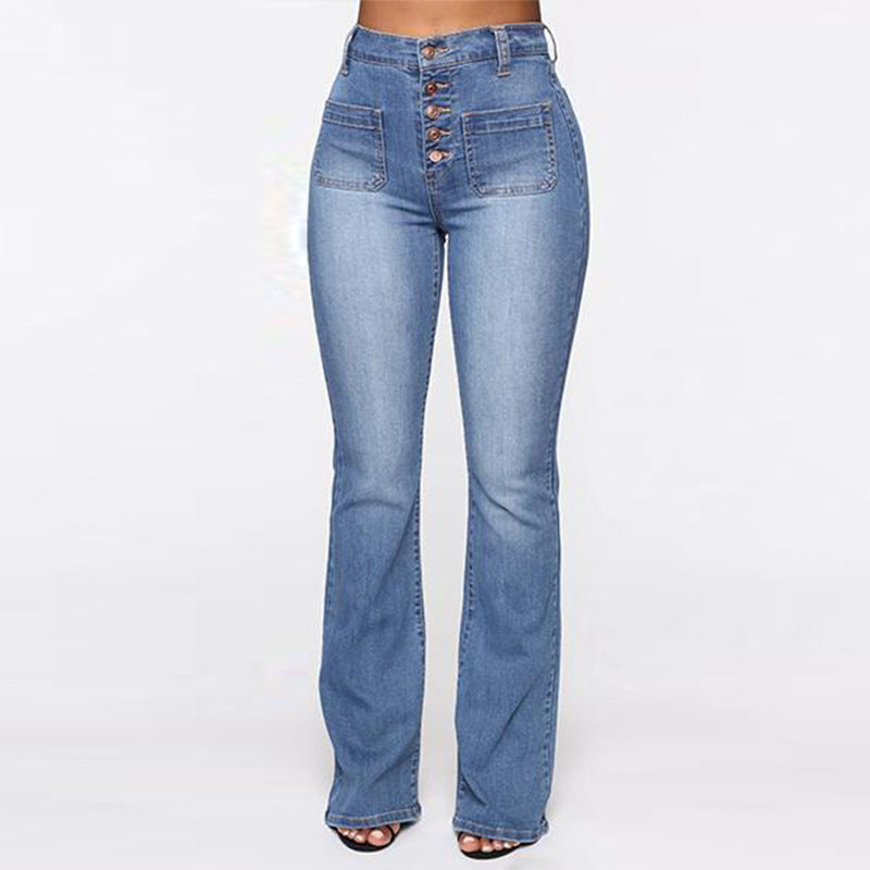 Jean Grande Taille Femme, Jean Denim Taille Haute Lavé avec Poches Plaquées