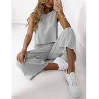 Ensemble deux pièces sans manches pour femme en coton et lin, chemise et pantalon large court