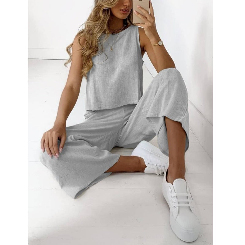 Ensemble deux pièces sans manches pour femme en coton et lin, chemise et pantalon large court