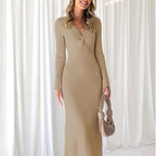 Robe longue en tricot ajustée à col en V, mode sexy, robe à nœud à manches longues pour femmes
