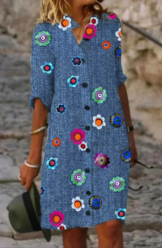 Robe en Coton et Lin à Motifs pour Femme