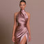 Robe longue satinée asymétrique à une épaule pour femme