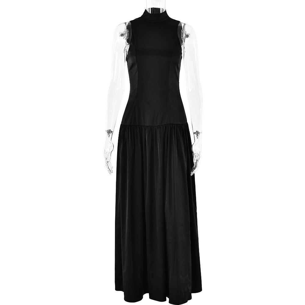 Round Neck Dress Fashion Girl Sleeveless Backless Slim Fit Satin Dress