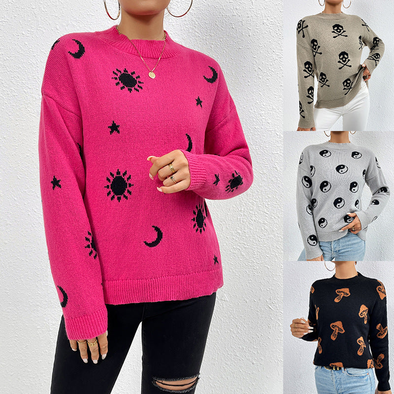 Pull en maille jacquard à col rond pour femme