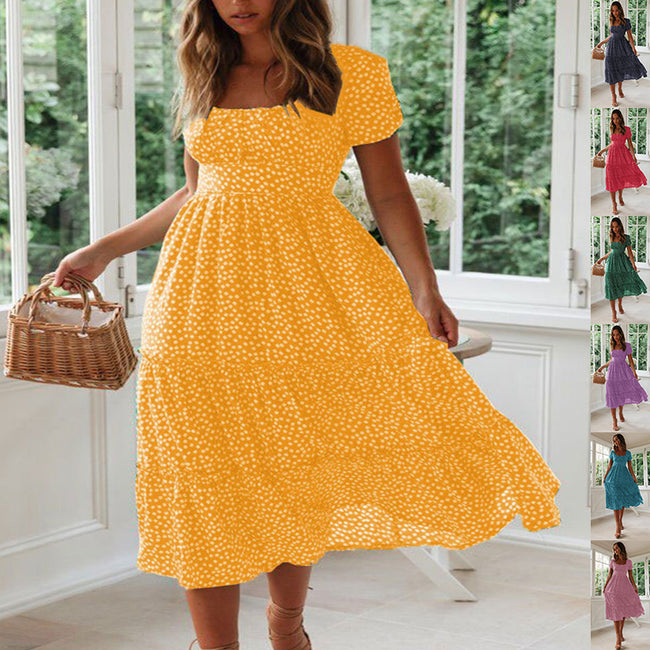 Robe d'été à manches courtes et col carré, imprimé floral, robe longue Hover Image