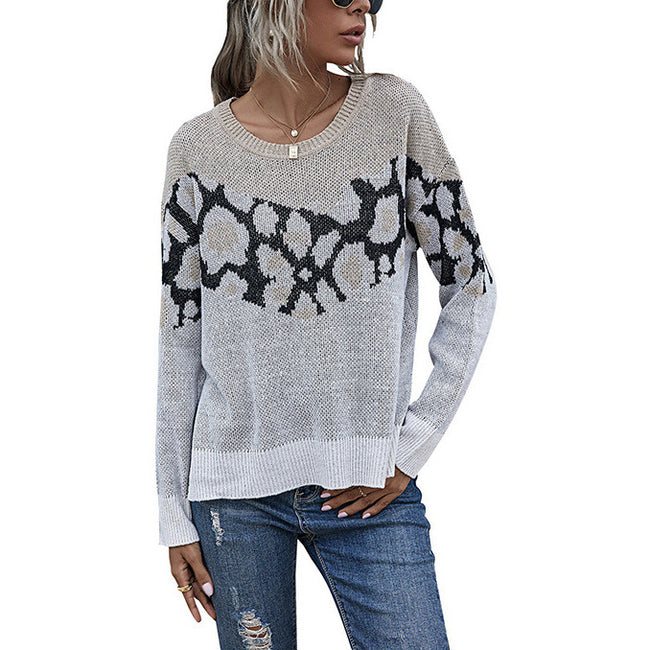 Chandail pour femme en tricot à imprimé animal Col rond ample Main Image