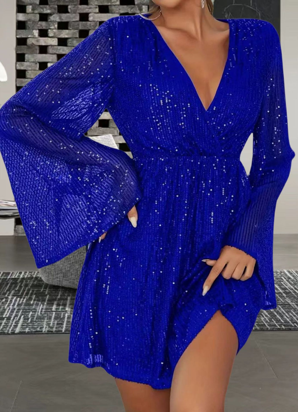 Robe de soirée élégante à col en V, taille amincissante et sequins