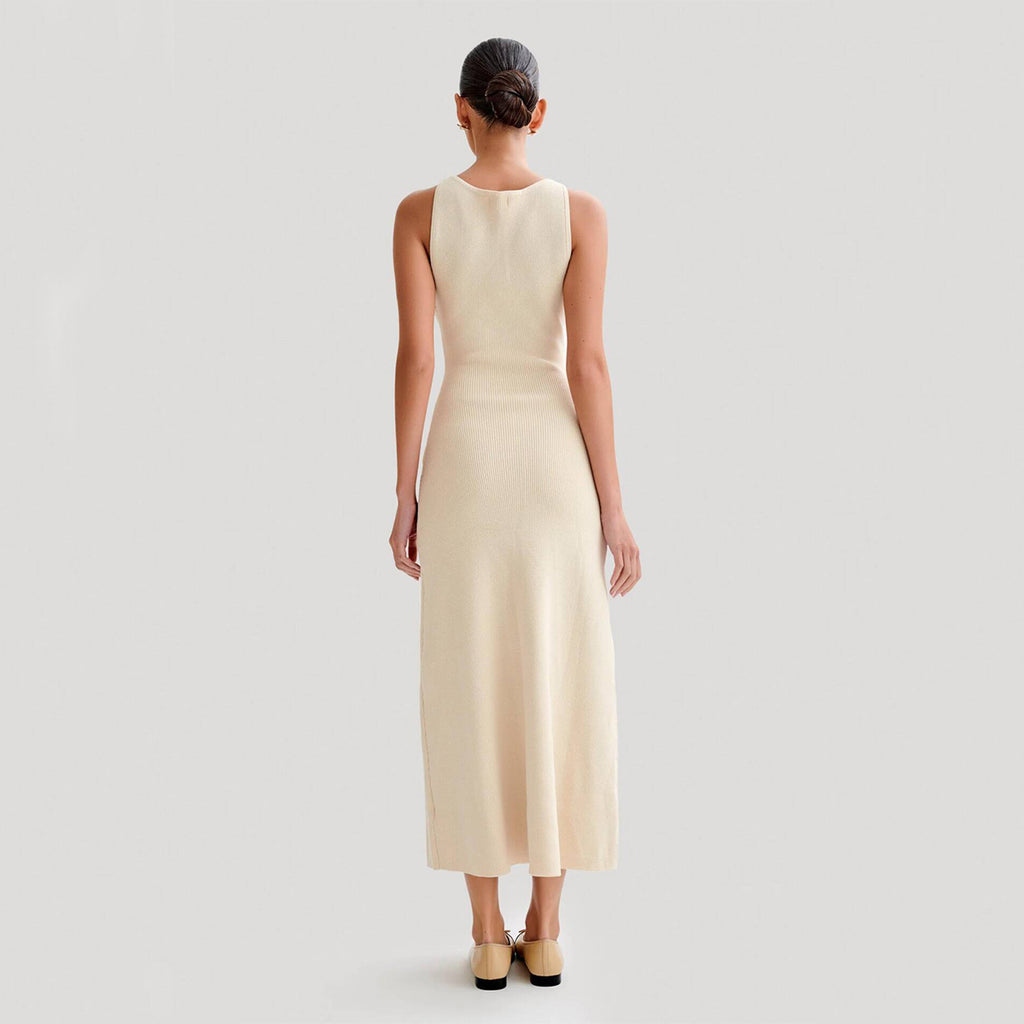 Robe longue élégante en tricot sans manches avec col rond, vêtement féminin