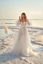 Robe de mariée de plage à manches bouffantes pour femme