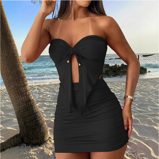 Ensemble deux pièces bustier, gilet et jupe – costume slim avec jupe courte ajustée à la taille Hover Image