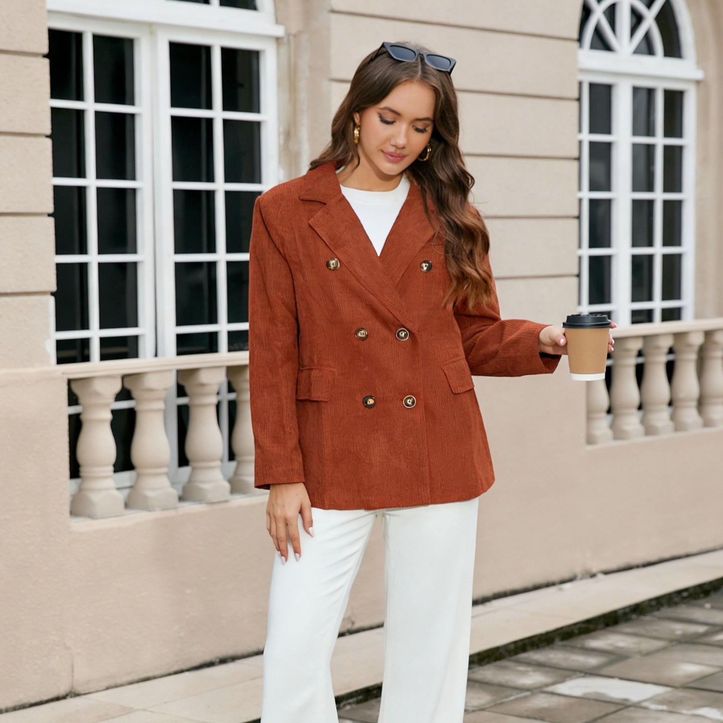 Blazer en velours côtelé uni décontracté pour femme