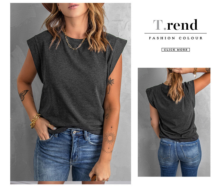 Chemise d'été européenne et américaine ample en maille, débardeur sans manches à col rond pour femme