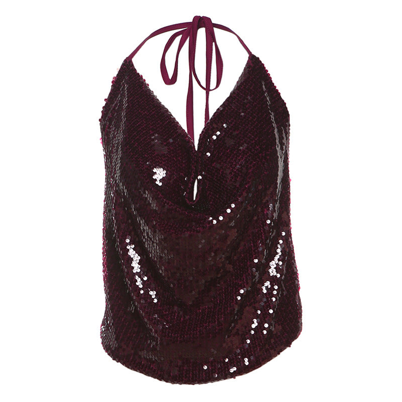 Gilet sexy dos nu à lacets et paillettes pour femme