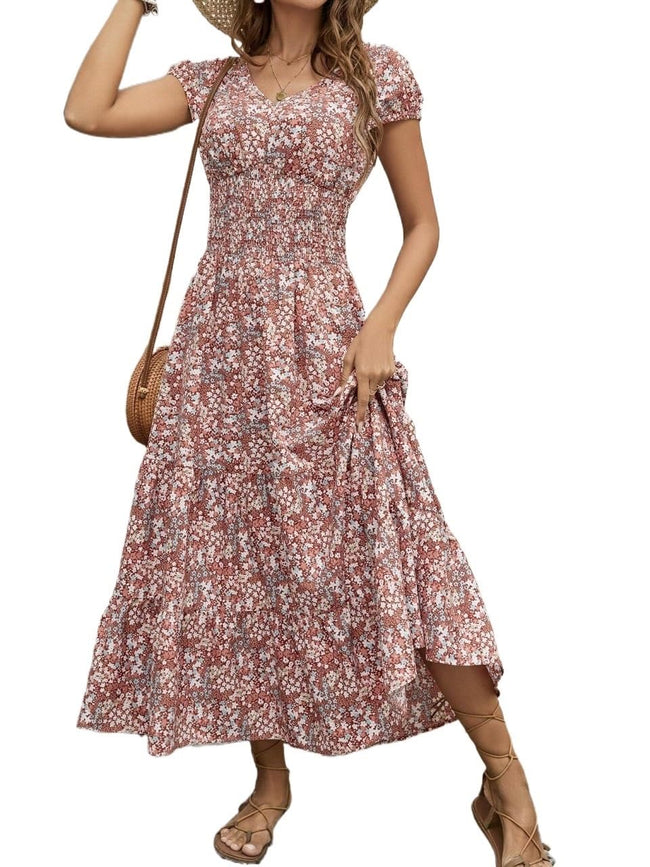 Robe Fleurie Col V Évasée Femme - Polyester Doux et Respirant, Lavable en Machine, Facile d'Entretien, Parfaite pour le Printemps, l'Été et l'Automne, les Tenues Quotidiennes et les Activités de Plein Air Main Image