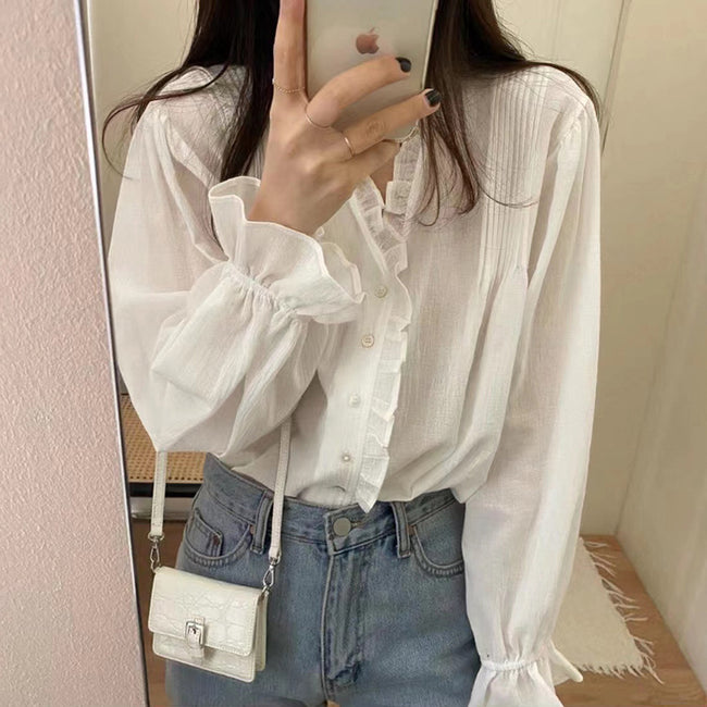 Chemise à manches longues en dentelle style rétro et élégant à la française pour femme Hover Image