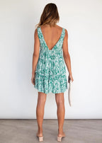 Robe Trapèze sans Dos Imprimé Feuilles Manches Tendance