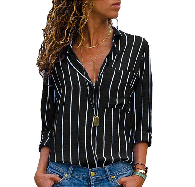 Chemisier à manches longues rayé multicolore pour femme Main Image
