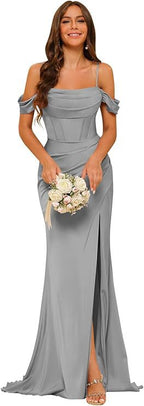 Robe de bal corset en satin épaules dénudées pour demoiselle d'honneur