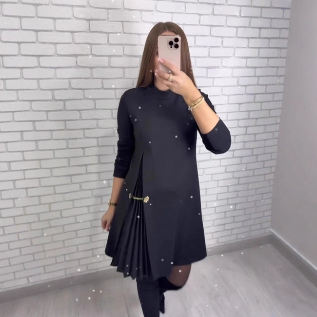Robe plissée à manches longues en patchwork, élégante et fendue, pour femme Hover Image