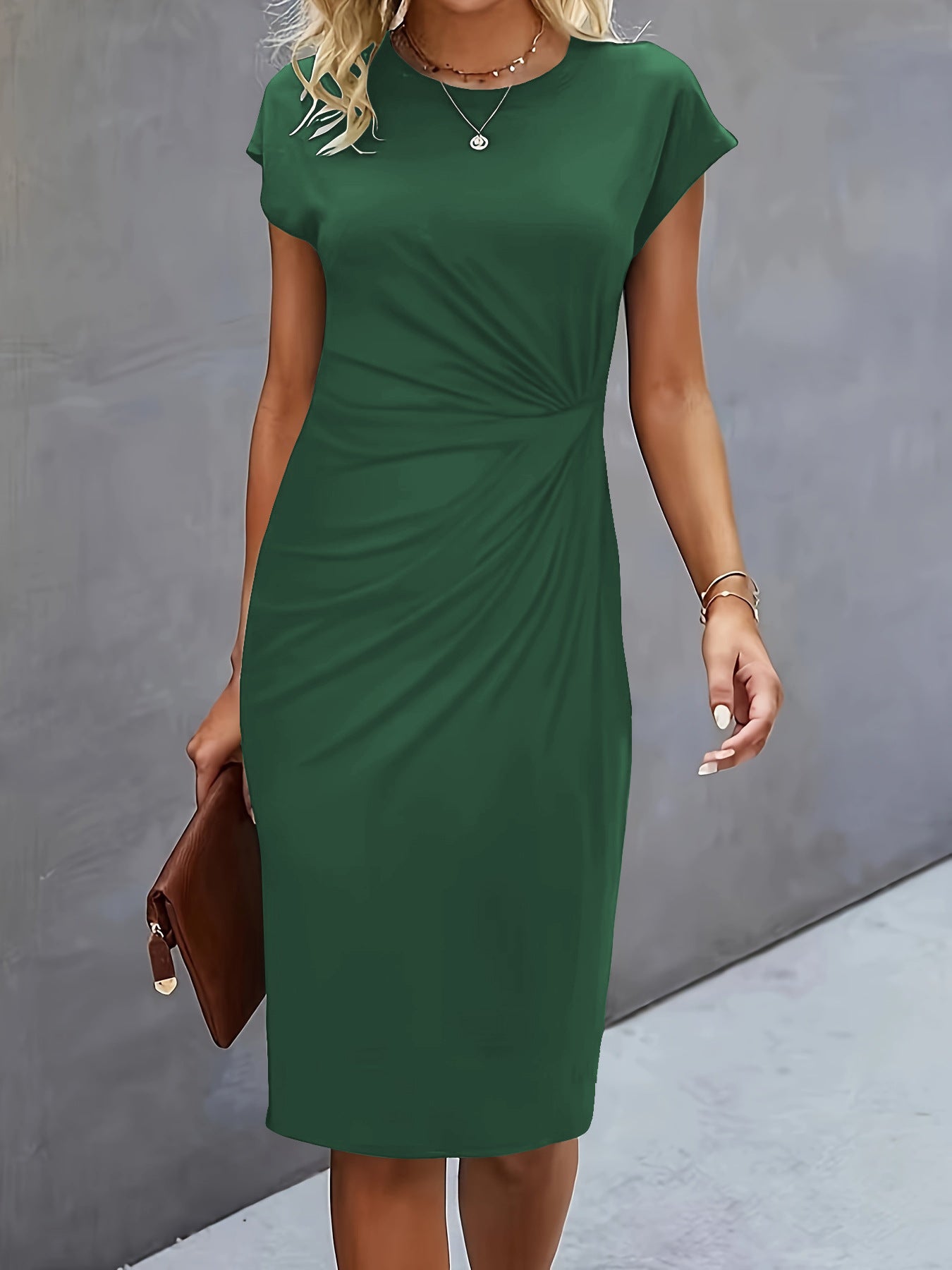Robe mi-longue décontractée à col rond avec nœud sur le devant pour femme