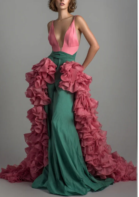 Two-Tone Deep V Gown With Detachable Cascading Ruffle Train Hover Image