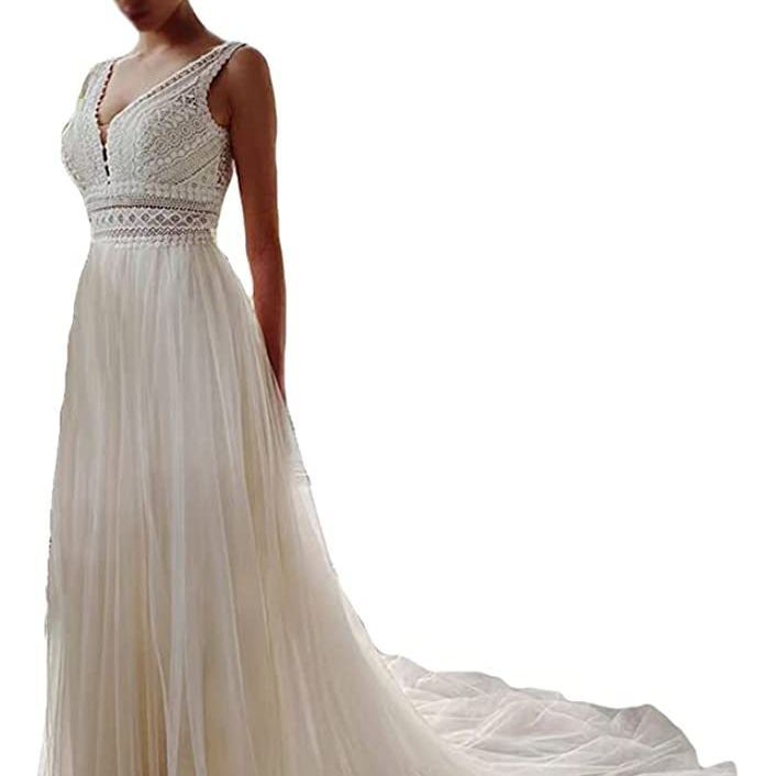 Robe de mariée en dentelle transparente, cintrée, en maille, pour la plage ou l'extérieur