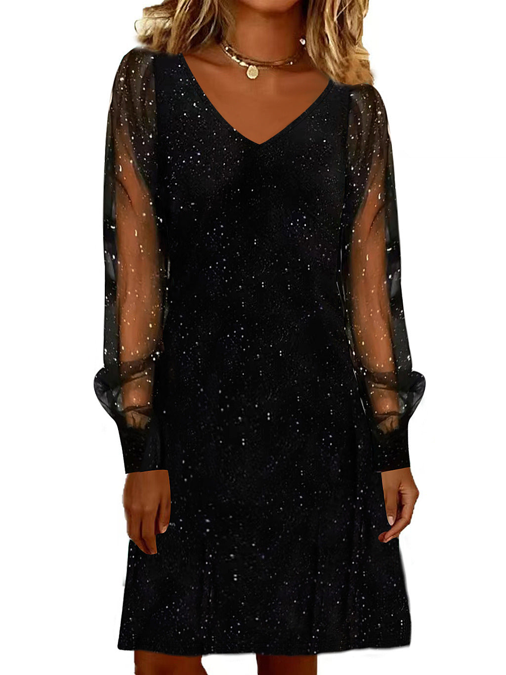 Robe élégante pour femme Col en V Manches en maille brillantes et lumineuses Mini-robes pour femmes Robe de soirée noire d'automne et d'hiver