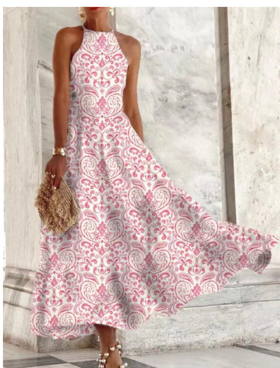 Robe longue confortable sans manches pour femme, à motif porcelaine bleue et blanche