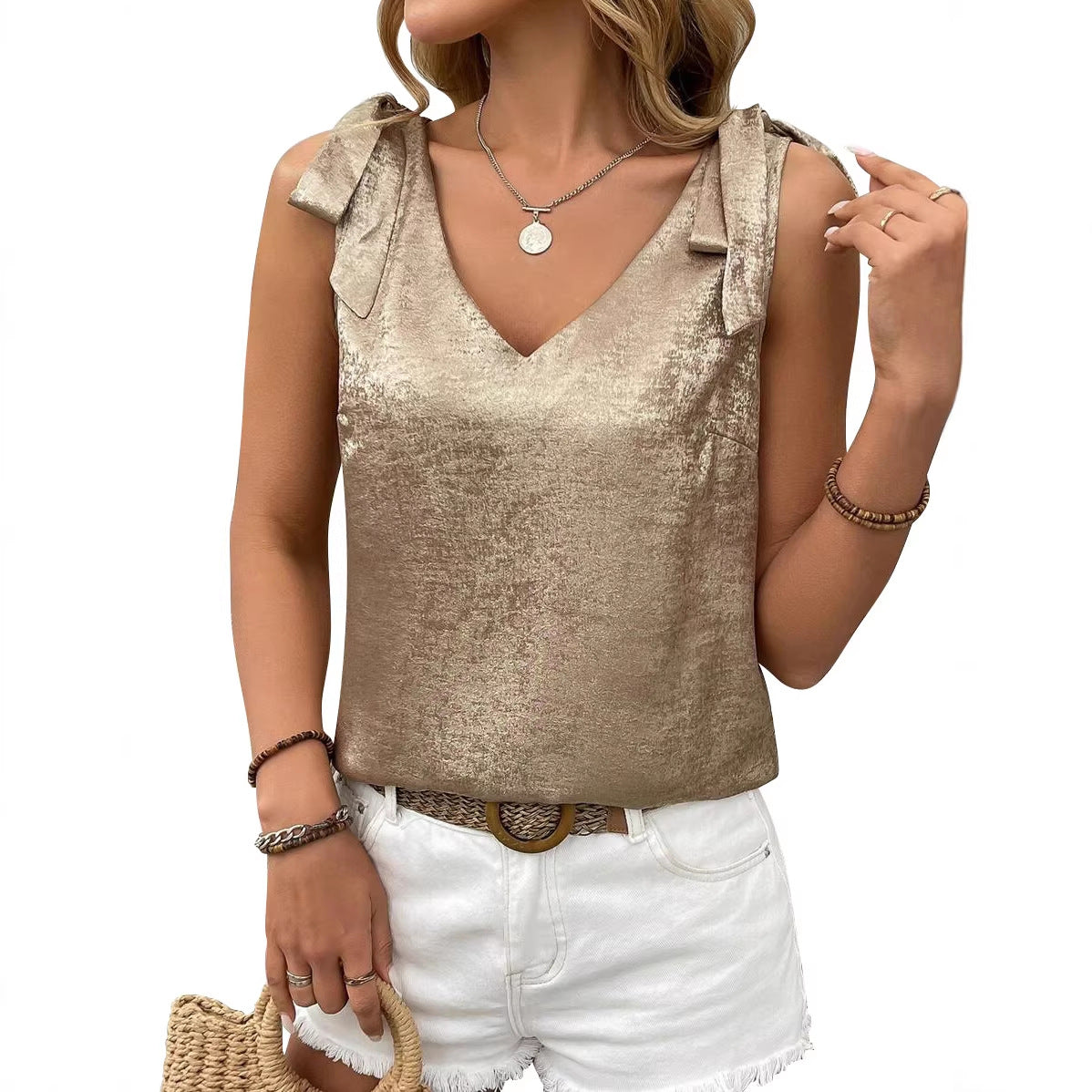 Camisole sans manches en dentelle avec nœud papillon et décolleté en V pour femme, avec détails dorés en relief