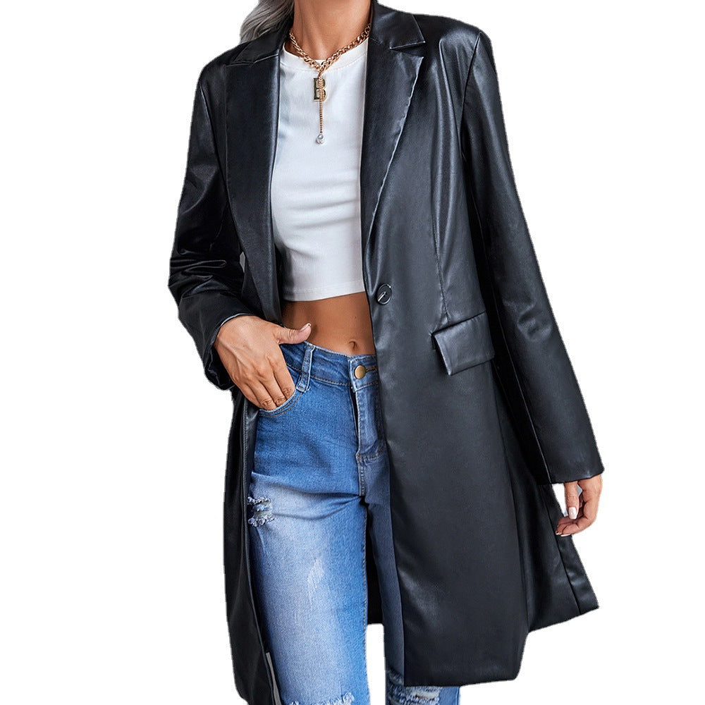Blazer coupe-vent long en cuir slim à manches longues pour femme