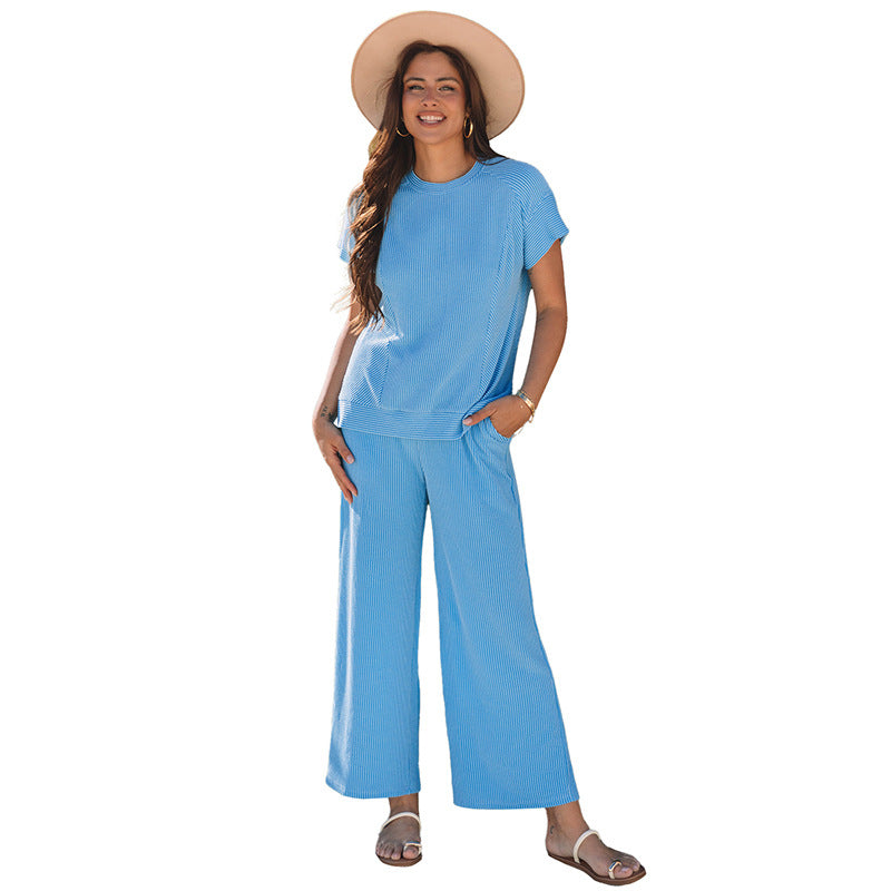Ensemble deux pièces femme couleur unie manches courtes tricot ample décontracté