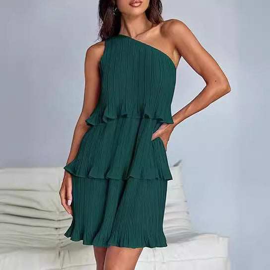 Robe décontractée pour femme, à une épaule dénudée, ourlet à volants superposés, couleur unie simple, taille haute confortable, pour l'été et la rue