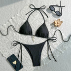 Maillot de bain bikini féminin dos nu à fines bretelles de couleur unie