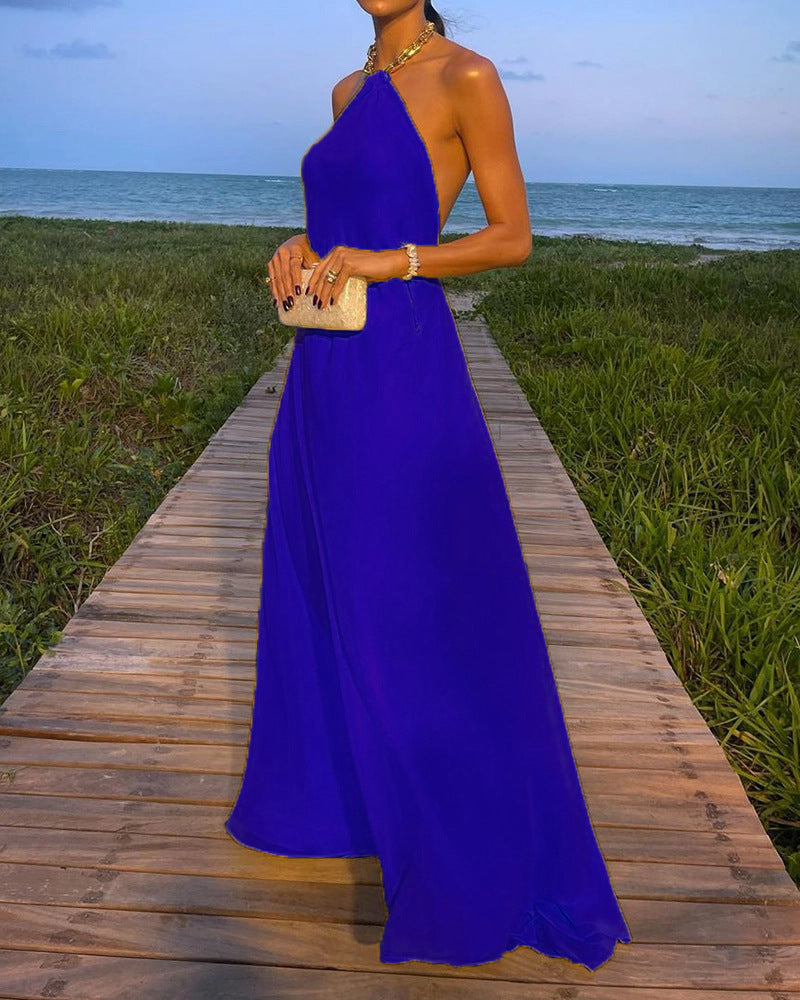 Robe longue dos nu sexy unie à grand décolleté licou