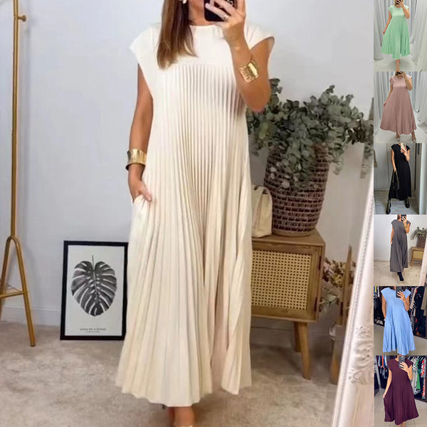 Robe longue plissée à manches courtes, col rond, vêtements pour femmes