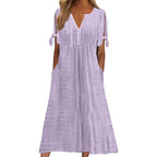 Robe longue d'été en broderie anglaise à col en V pour femme, manches courtes, coupe ample évasée pour la plage