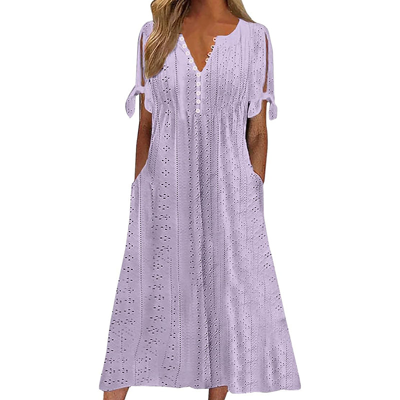 Robe longue d'été en broderie anglaise à col en V pour femme, manches courtes, coupe ample évasée pour la plage