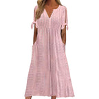 Robe longue d'été en broderie anglaise à col en V pour femme, manches courtes, coupe ample évasée pour la plage