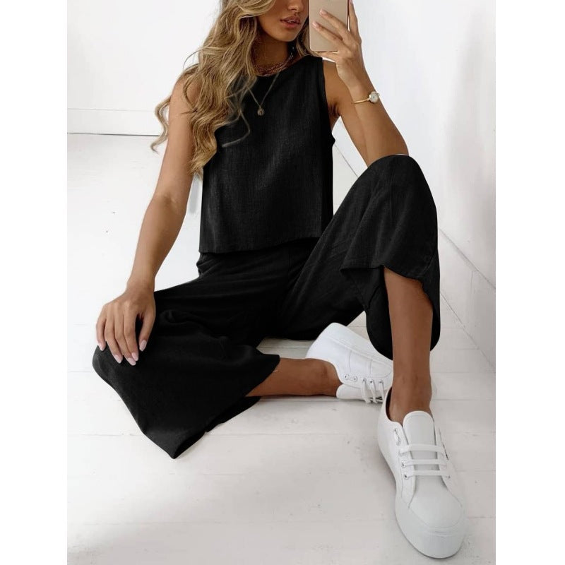Ensemble deux pièces sans manches pour femme en coton et lin, chemise et pantalon large court