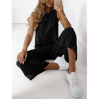Ensemble deux pièces sans manches pour femme en coton et lin, chemise et pantalon large court