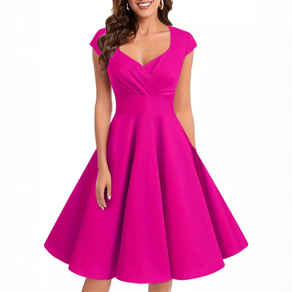 Robe mi-longue rétro pour femme, à col en V et manches mi-longues
