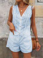 Ensemble short décontracté femme, gilet uni col V et boutonnage