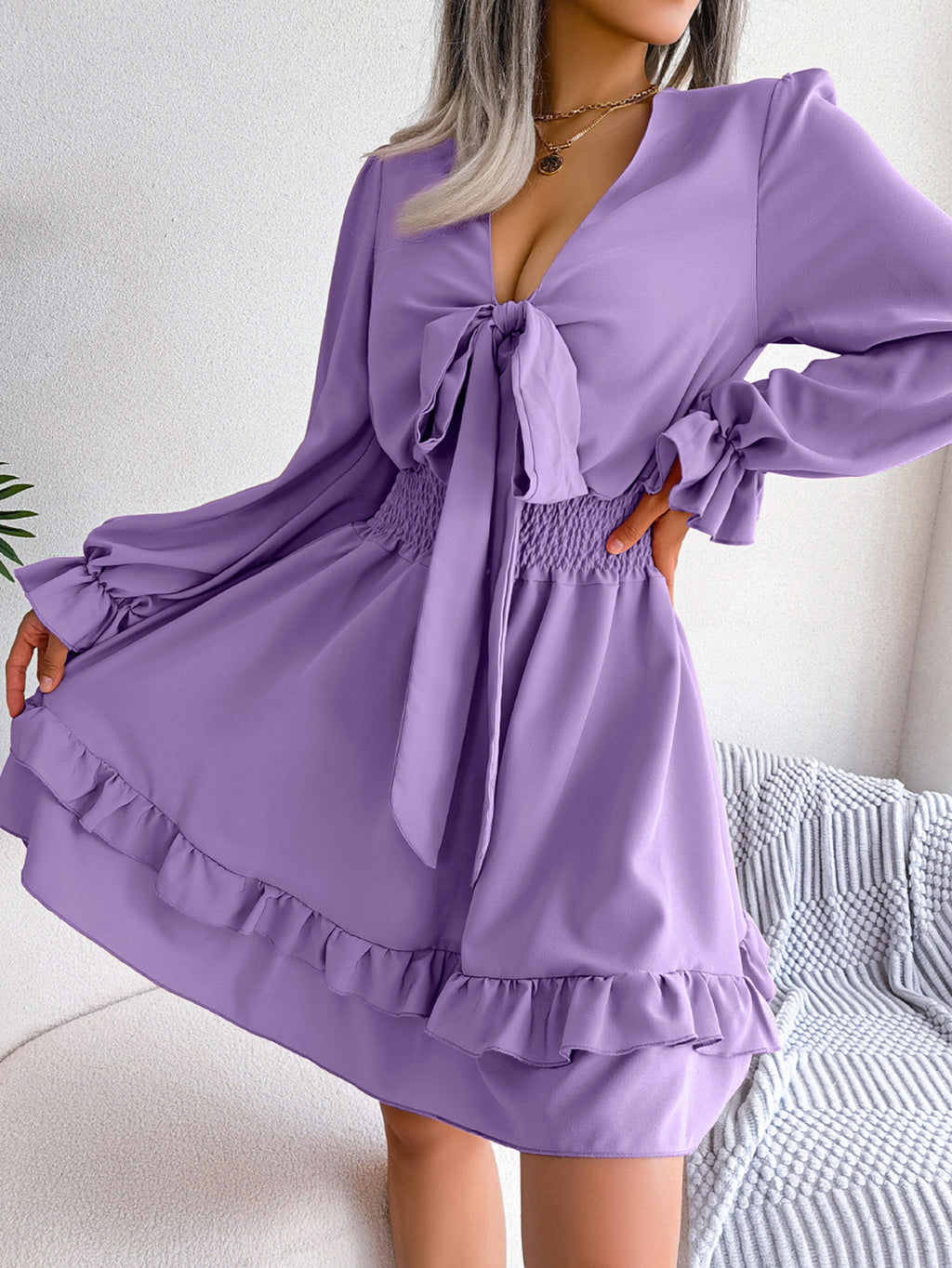Robe fluide décontractée à volants avec ceinture à nouer pour femme
